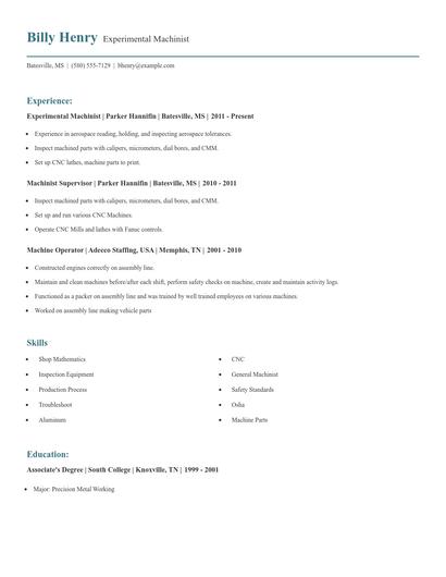 Experimental Machinist Resume