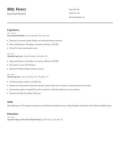 Experimental Machinist Resume