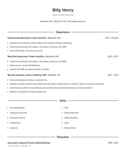 Experimental Machinist Resume