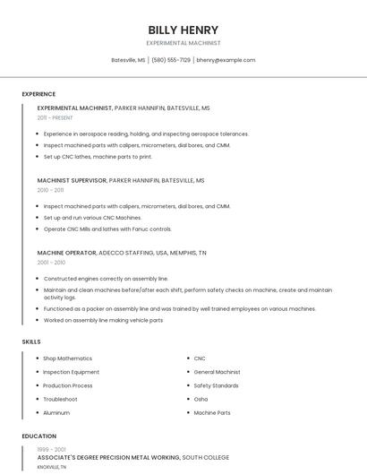 Experimental Machinist Resume