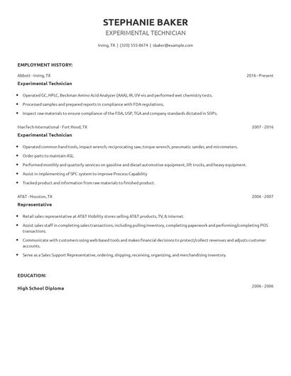 Experimental Technician Resume