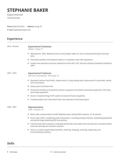 Experimental Technician Resume