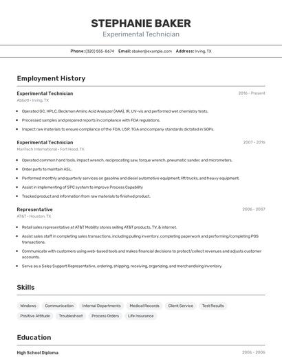 Experimental Technician Resume