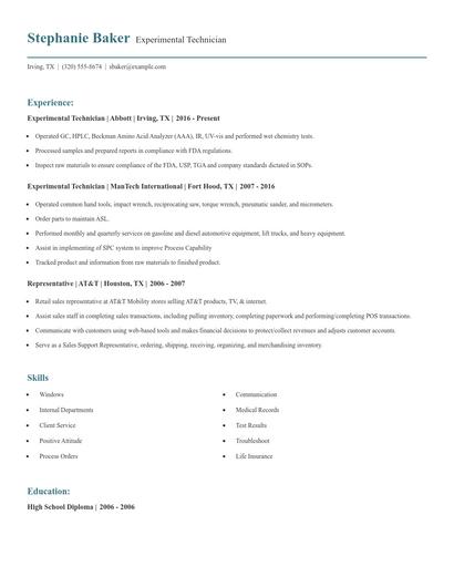 Experimental Technician Resume