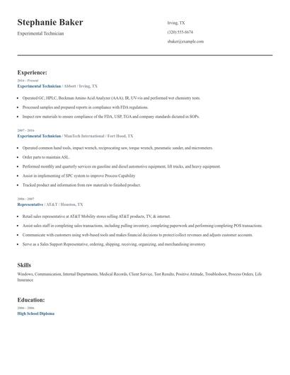 Experimental Technician Resume
