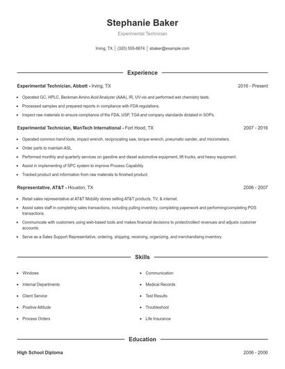 Experimental Technician Resume