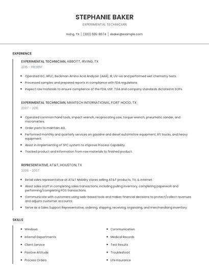 Experimental Technician Resume