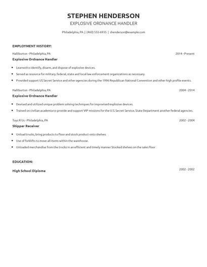 Explosive Ordnance Handler Resume