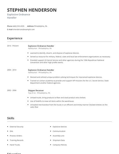Explosive Ordnance Handler Resume