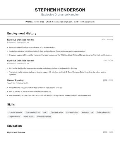 Explosive Ordnance Handler Resume