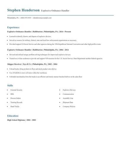 Explosive Ordnance Handler Resume