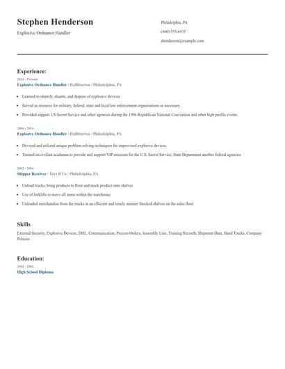 Explosive Ordnance Handler Resume
