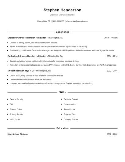 Explosive Ordnance Handler Resume