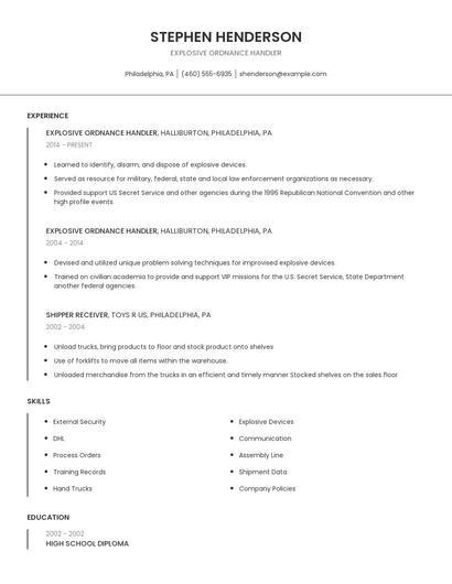 Explosive Ordnance Handler Resume