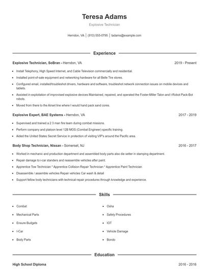 Explosive Technician Resume