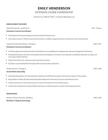 Extension Course Coordinator Resume