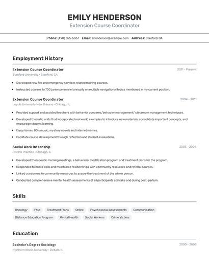 Extension Course Coordinator Resume