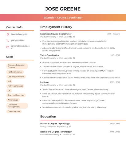 Extension Course Coordinator Resume