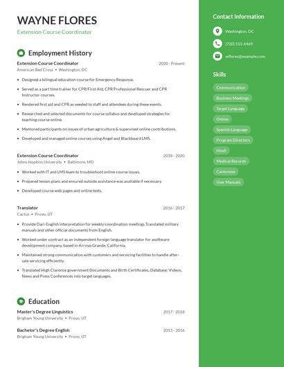 Extension Course Coordinator Resume