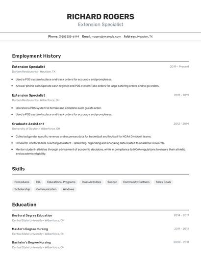 Extension Specialist Resume