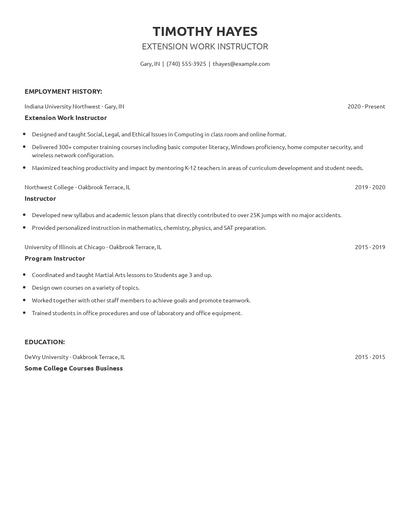 Extension Work Instructor Resume