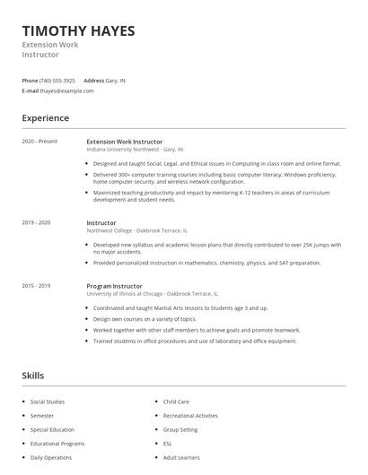 Extension Work Instructor Resume