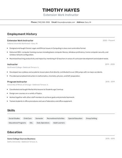 Extension Work Instructor Resume