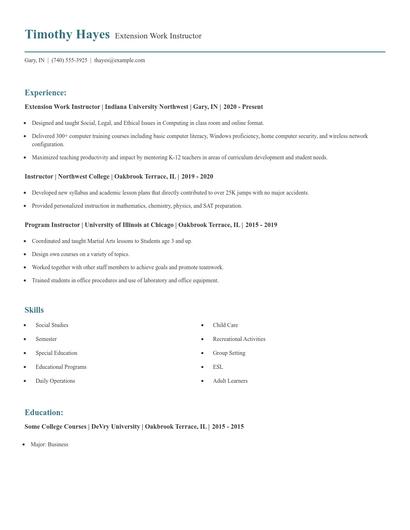 Extension Work Instructor Resume