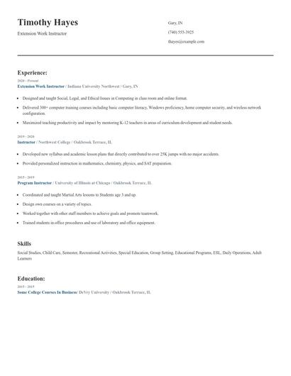 Extension Work Instructor Resume