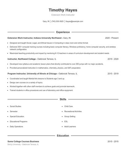 Extension Work Instructor Resume