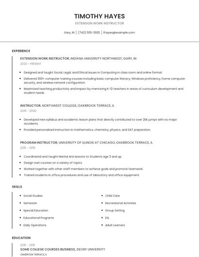 Extension Work Instructor Resume