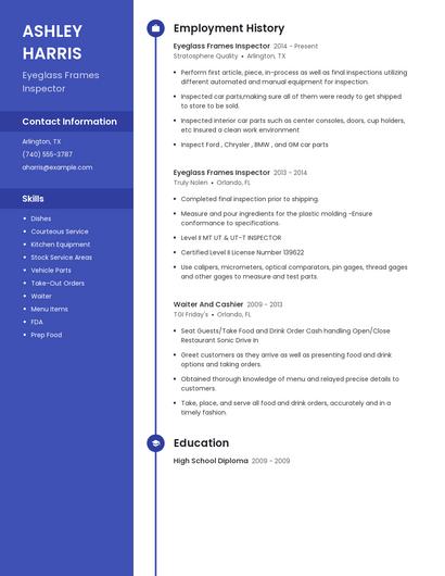 Eyeglass Frames Inspector Resume