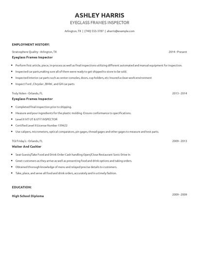 Eyeglass Frames Inspector Resume