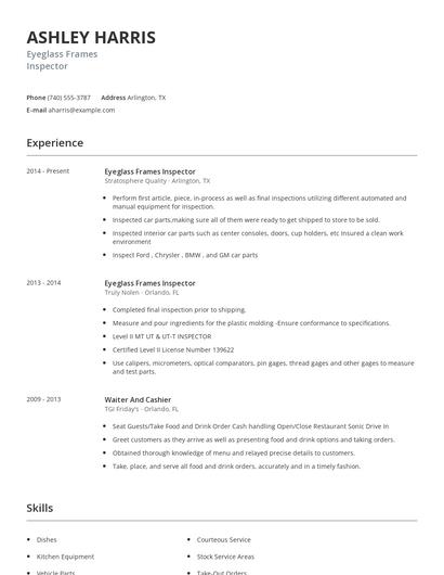 Eyeglass Frames Inspector Resume