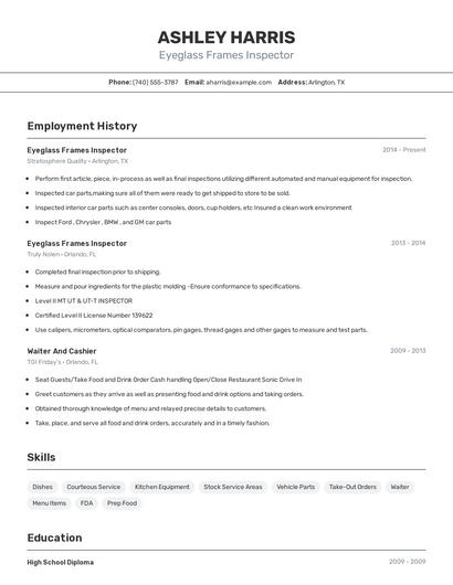 Eyeglass Frames Inspector Resume