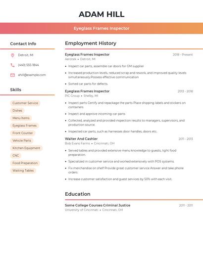 Eyeglass Frames Inspector Resume