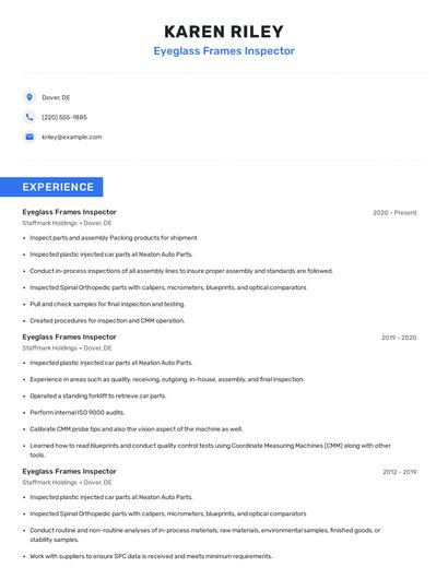 Eyeglass Frames Inspector Resume