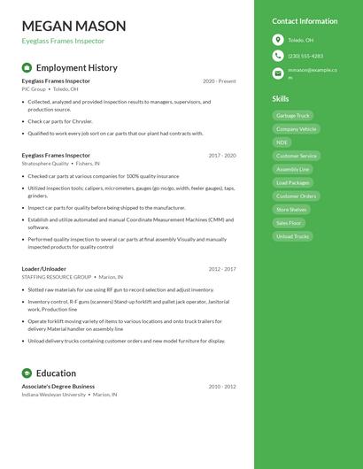 Eyeglass Frames Inspector Resume