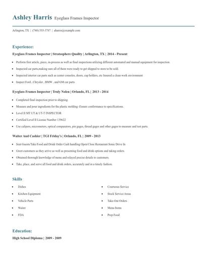 Eyeglass Frames Inspector Resume