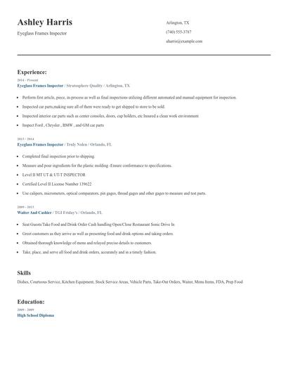 Eyeglass Frames Inspector Resume