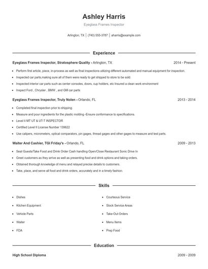 Eyeglass Frames Inspector Resume