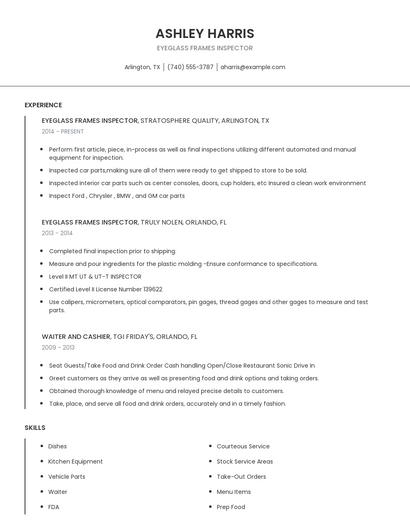 Eyeglass Frames Inspector Resume
