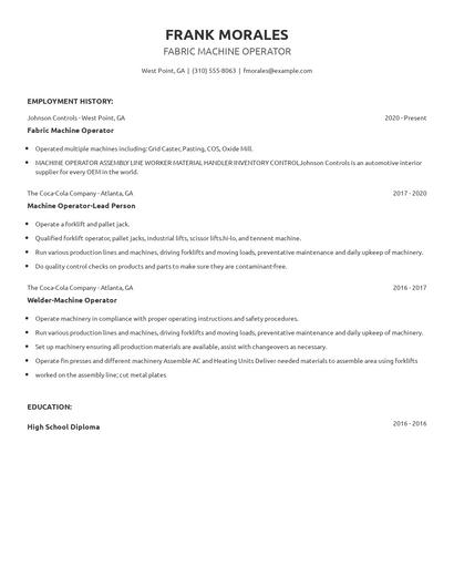 Fabric Machine Operator Resume