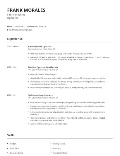 Fabric Machine Operator Resume