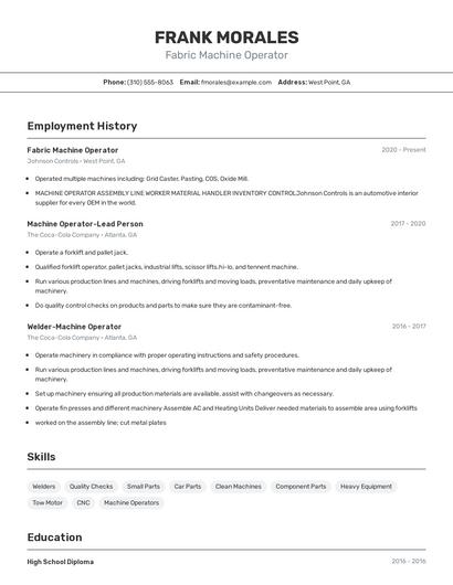 Fabric Machine Operator Resume