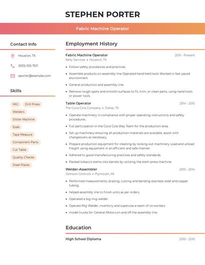 Fabric Machine Operator Resume