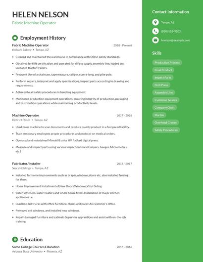 Fabric Machine Operator Resume