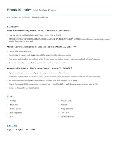 Fabric Machine Operator Resume