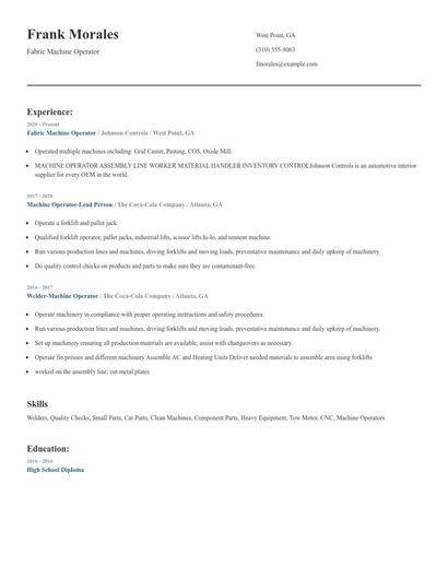Fabric Machine Operator Resume