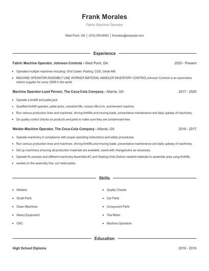 Fabric Machine Operator Resume